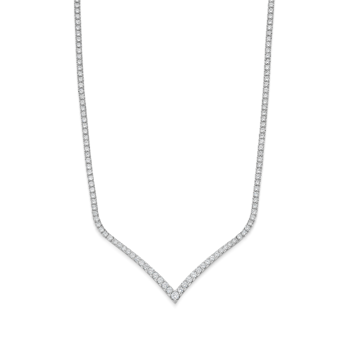 De Zilver volledig bezette halsketting in V-vorm met zirkoon  is gemaakt van 925 sterling zilver met een elegante zilverkleurige afwerking. Met een lengte van 45 cm en een gewicht van 11,20 gram, straalt deze halsketting verfijning uit. Draag het bij formele gelegenheden of feesten voor een echte luxe en elegantie uitstraling.