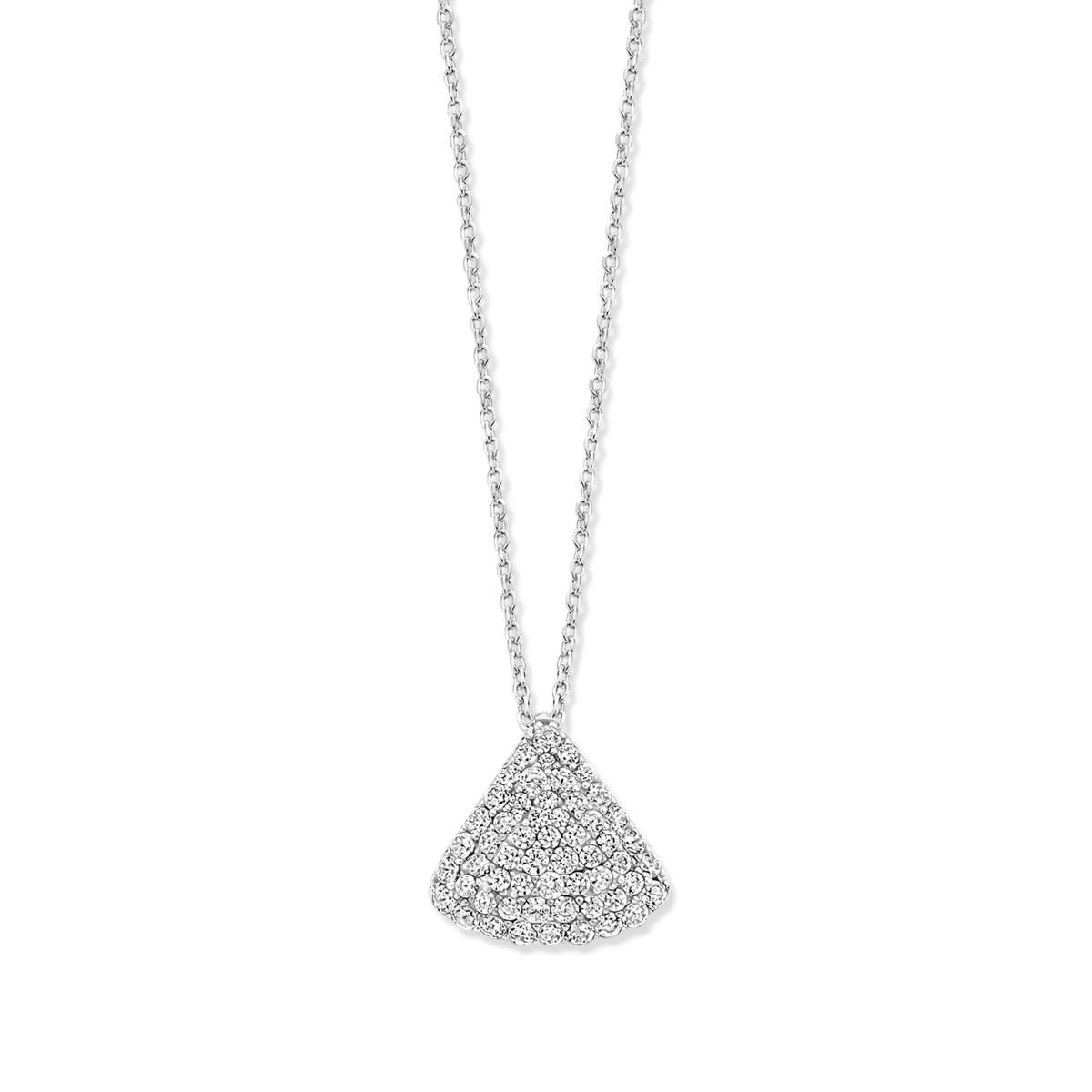 Een verfijnde halsketting met hanger in waaier vorm, bezet met fonkelende zirkoontjes. Gemaakt van 925 sterling zilver, weegt 3,4 gram en heeft een lengte van 45 cm, met tussenoogjes op 40 en 42 cm. Ideaal voor zowel casual als formele gelegenheden. Draag hem op zijn eigen of in combinatie met andere sieraden voor een verfijnde, elegante look.