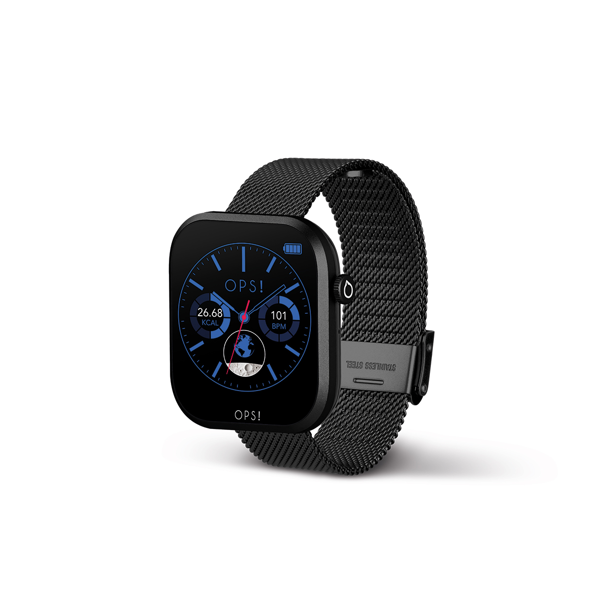 Smartwatch met frame van aluminium, zinklegering en IML-behuizing, en stalen Milano mesh-band