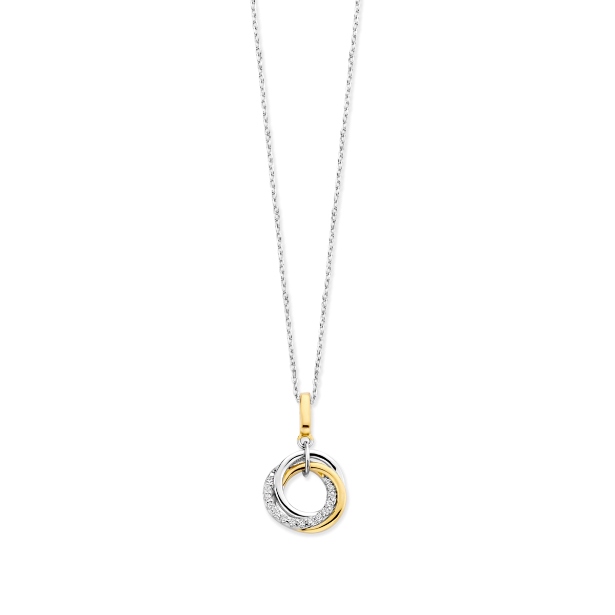 De Bicolor hanger met zirkoontjes aan zilveren halsketting N6D60 is een elegant juweel. Gemaakt van 925 sterling zilver, weegt deze 3,0 gram en heeft een lengte van 45 cm met tussenoogjes op 40 en 42 cm. Met zijn goud-zilver kleurige uitstraling voegt hij een verfijnd accent toe aan elke outfit. Perfect voor zowel dagelijkse als chique gelegenheden.