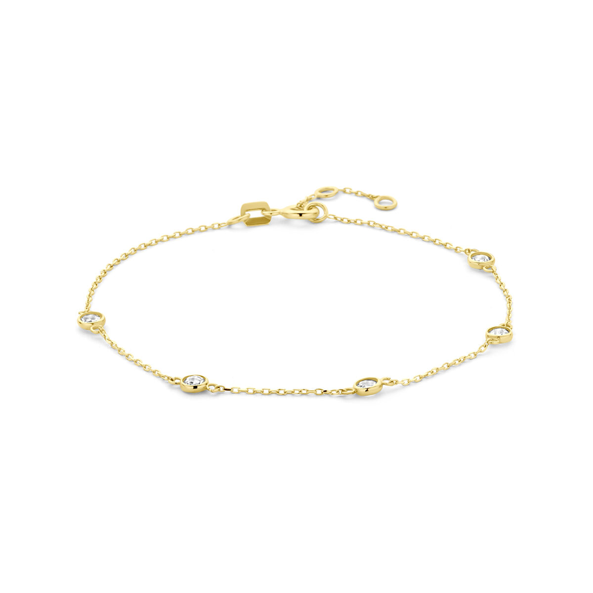 14k Geelgouden armband met zirkonia. De armband heeft draaglengtes van 17-18-19cm en een schakelbreedte van 0.8mm.
