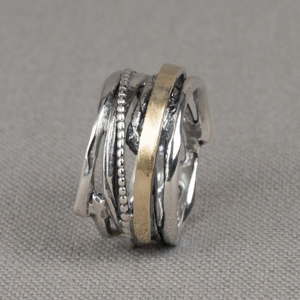 J&eacute;h Zilveren fantasie ring met 9 karaat geelgouden boog 