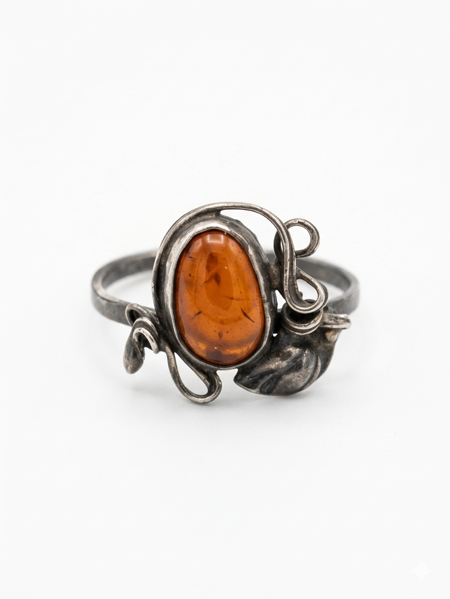Zilveren ring Pools handwerk met barnsteen 