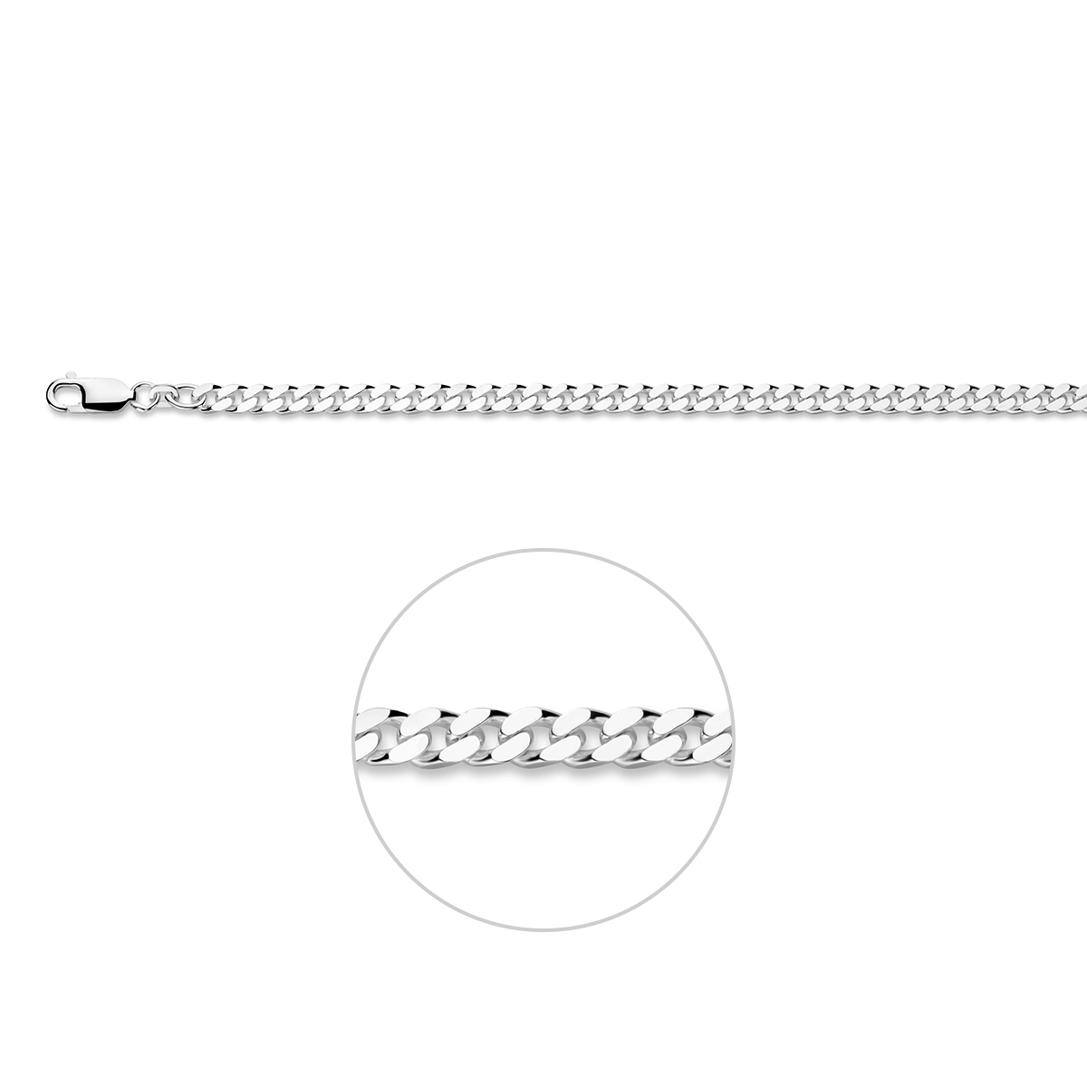 Zilveren lengte artikel met geslepen gourmette schakel. De schakelbreedte is 4,2mm.