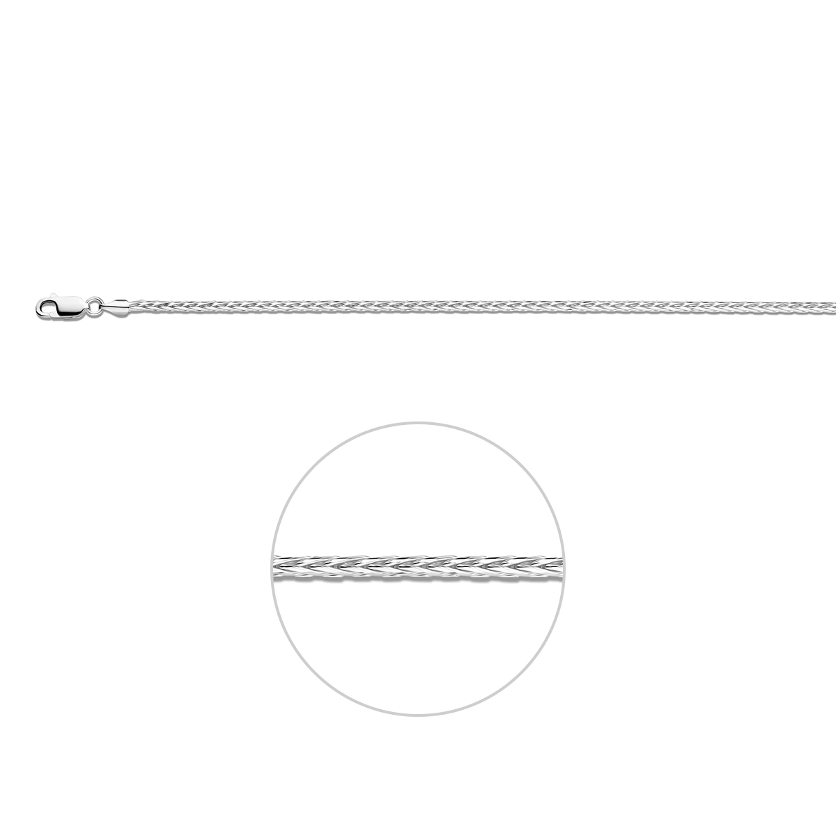 Zilveren vossesntaart lengte artikel uitgevoerd met een karabijn sluiting. De schakelbreedte is 2.0mm.