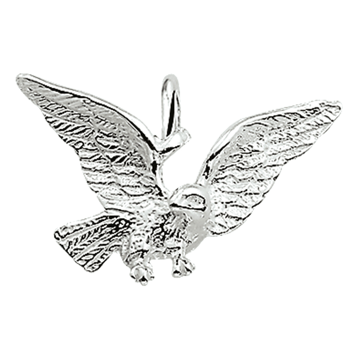 De Zilveren Hanger adelaar, is een sierlijke zilveren bedel. Met een breedte van 26,5 mm en een glanzende afwerking, is het de perfecte accessoire voor elke ketting. Draag het als blikvanger aan een zilveren ketting voor een elegante en opvallende look.