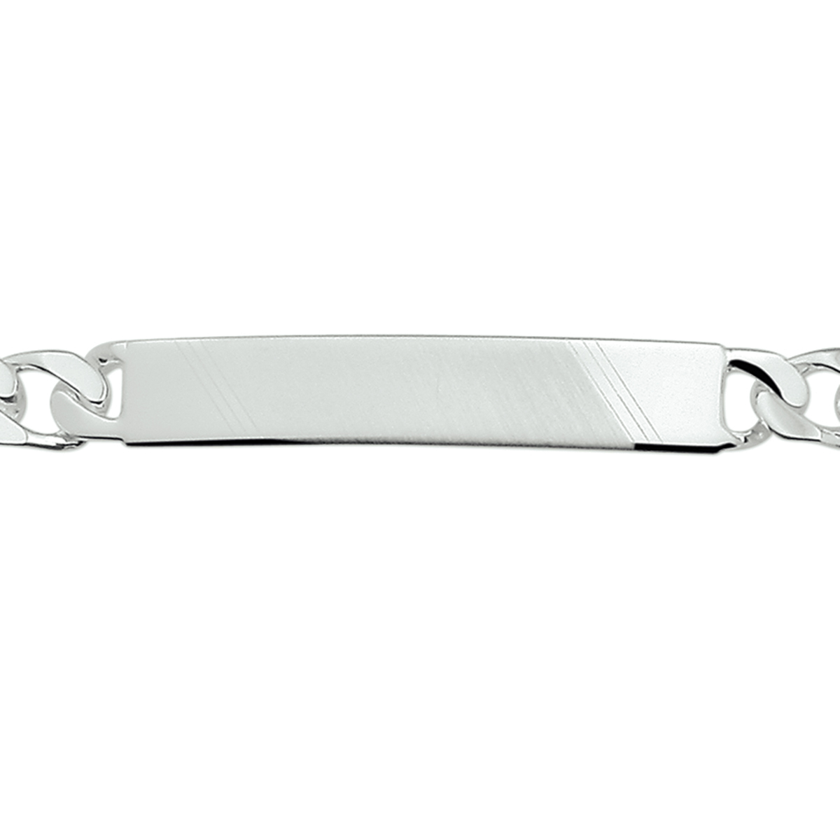 Zilveren graveerarmband. De lengte bedraagt 21cm en de breedte van de graveerplaat bedraagt 7mm en de dikte is 2mm.