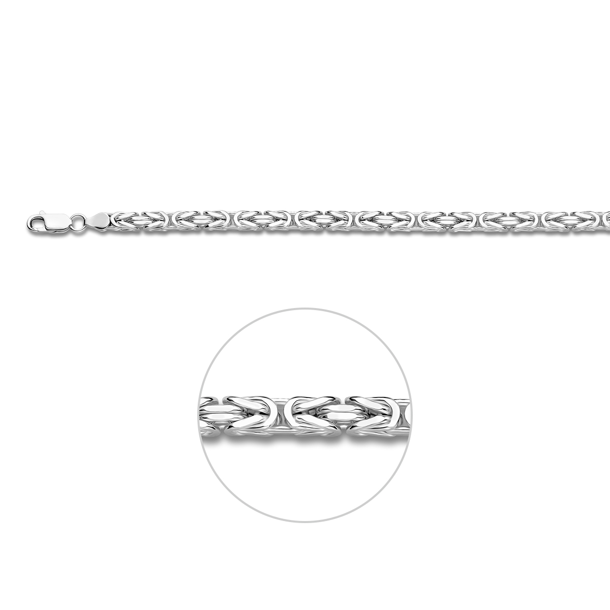 Beschrijving: Zilveren collier met konings schakel. 
Doelgroep: heren
Breedte: 5 mm
Langste lengte: 60 cm