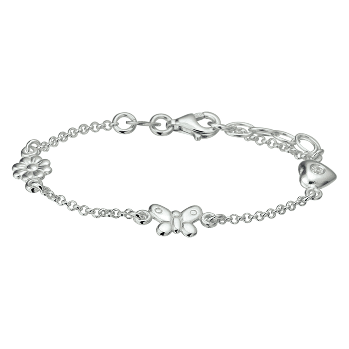 Beschrijving: Zilveren armband met diverse bedels. De lengte van de armband bedraagt 13cm met 2cm extensie en de schakelbreedte is 1.7mm.
Doelgroep: kinderen
Breedte: 6.5 mm
Kortste lengte: 13 mm
Langste lengte: 15 mm
