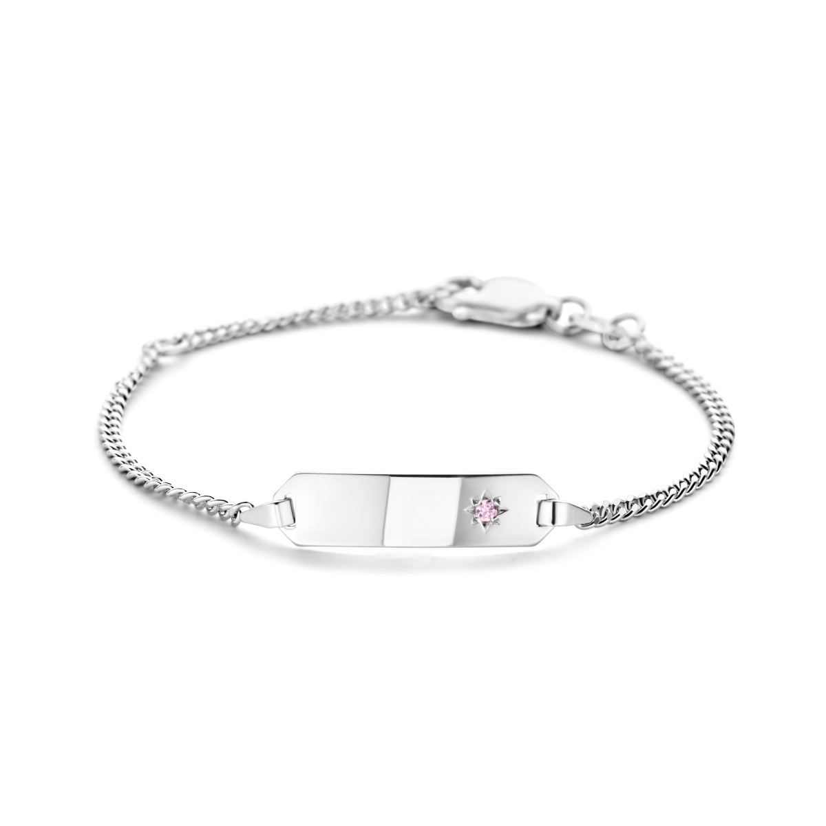 Zilveren graveerarmband. Op het plaatje zit een roze zirkonia.
Kortste lengte: 11 cm.
Langste lengte: 13 cm.