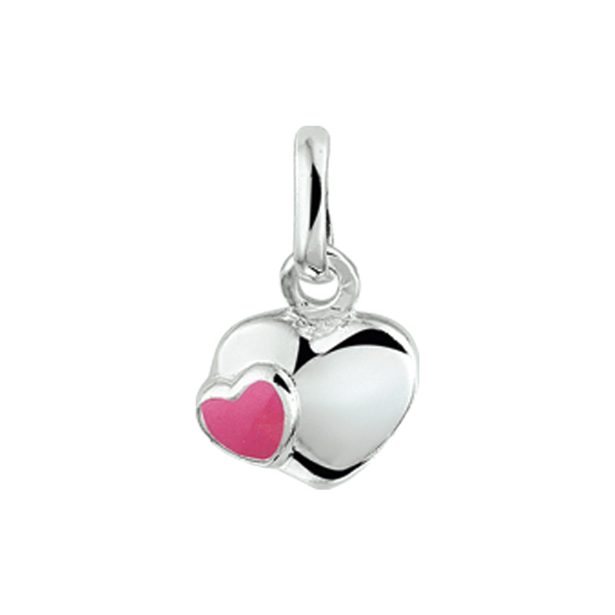 Beschrijving: Zilveren hanger met een hartje en roze emaille. 
Doelgroep: kinderen
Breedte: 9 mm
Hoogte: 7.5 mm