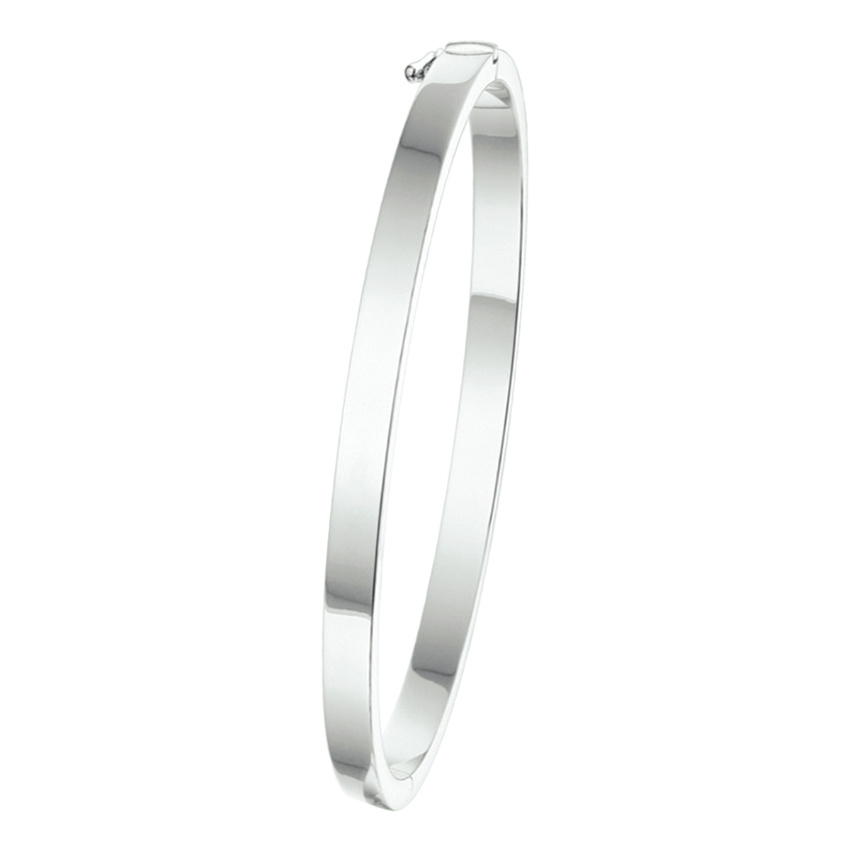 Zilveren bangle met een vlakke buis en een scharnier-sluiting. 4x60mm