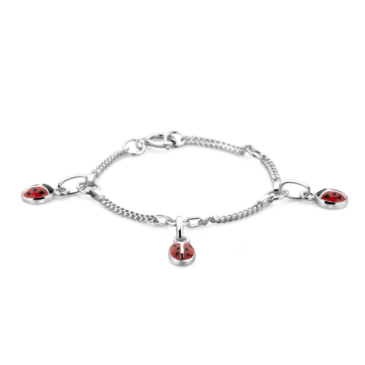 925 Zilveren armband uitgevoerd met 3 lieveheersbeestjes en een karabijn sluiting.