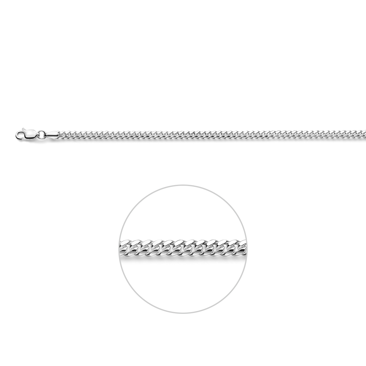 925 Zilveren lengteartikel uitgevoerd met een gourmette schakel van 3,5mm en een karabijnsluiting.