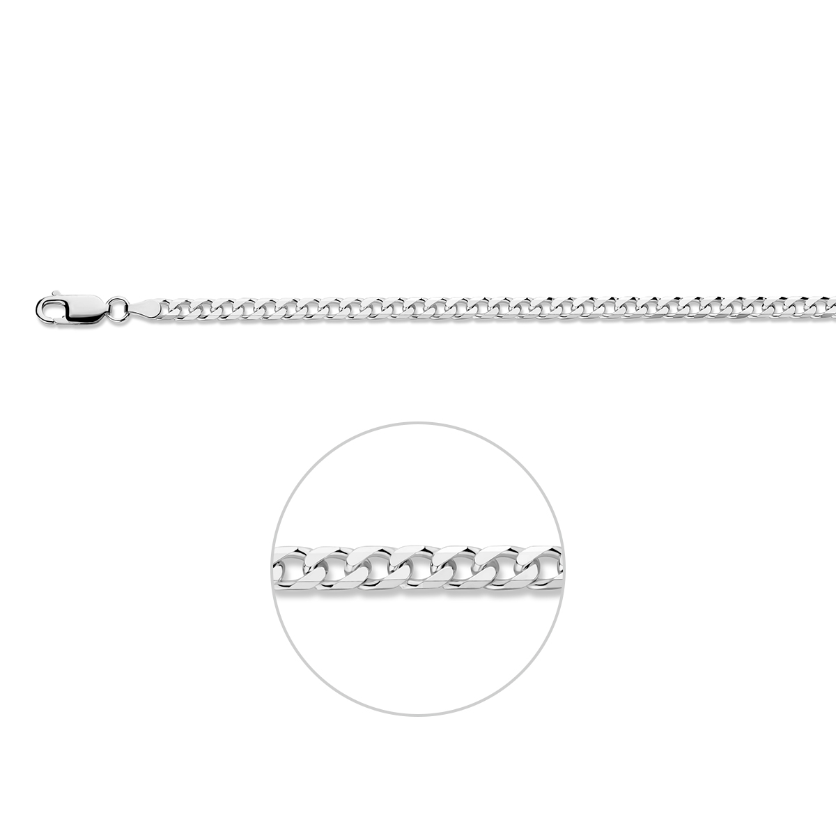 Zilveren lengte artikel met geslepen gourmette schakel. De schakelbreedte is 4.0mm.