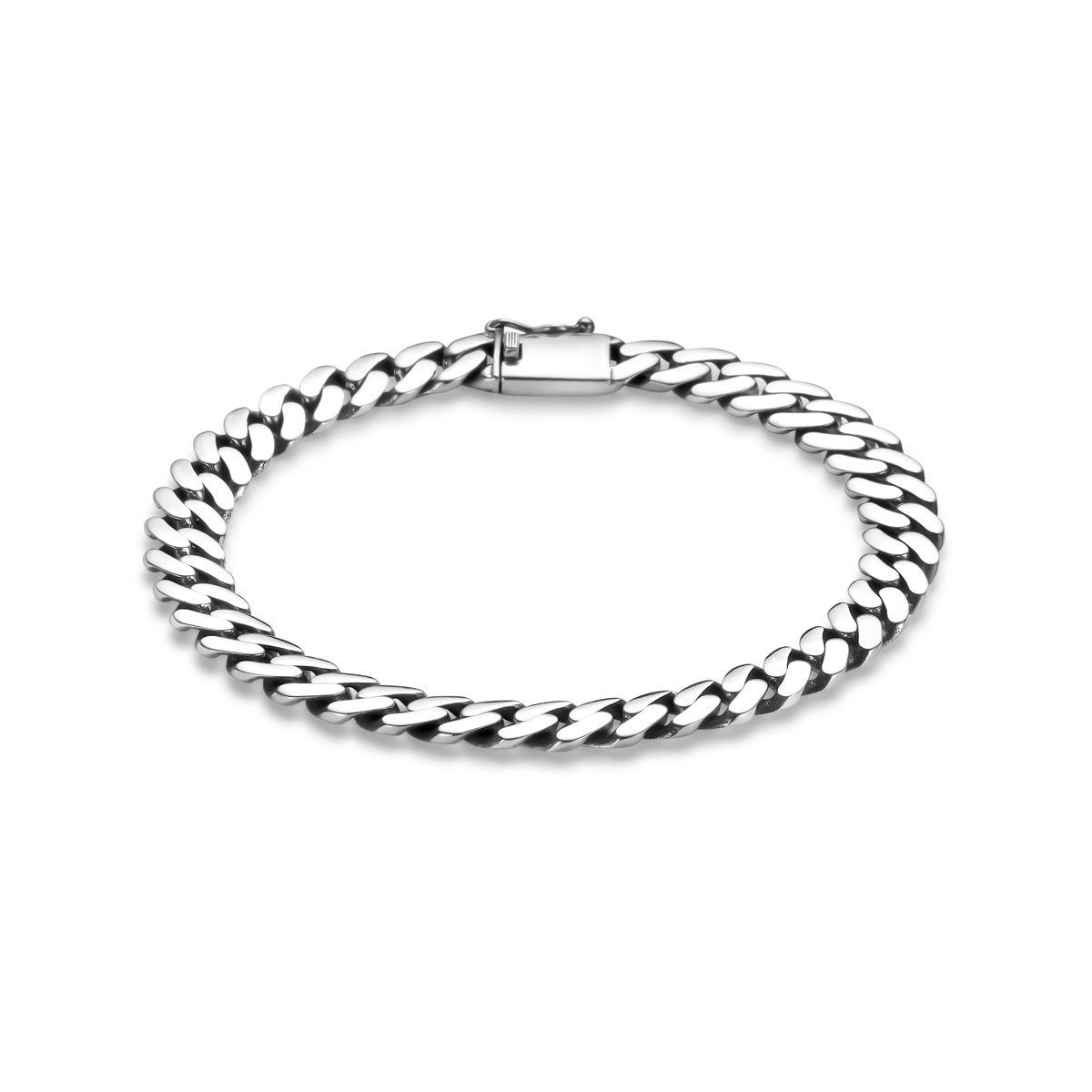 Geoxideerd 925 zilveren gourmette armband met een schakelbreedte van 7.5mm. De armband is uitgevoerd met een bakslot.