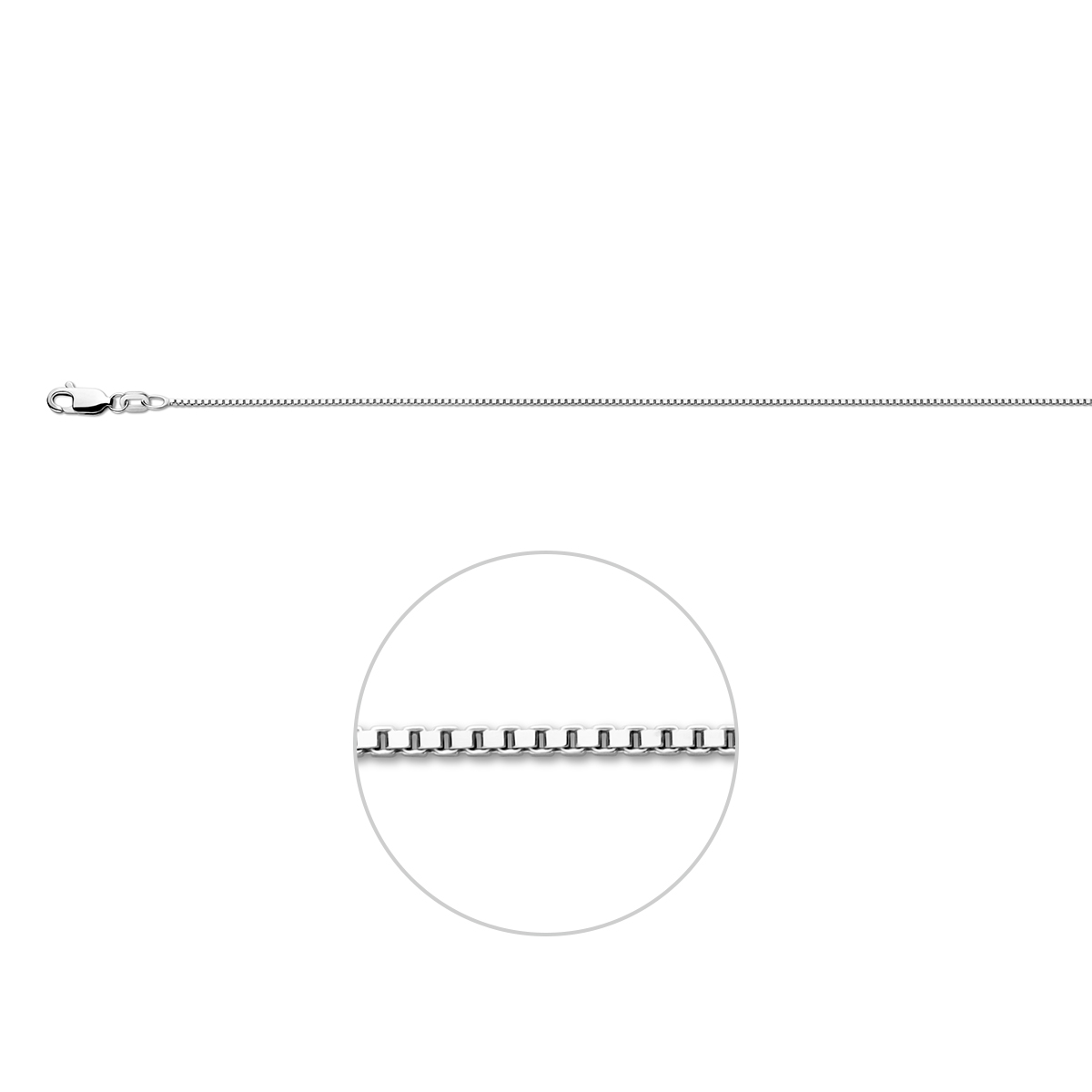 Zilveren collier met een Venetiaanse schakel. De schakelbreedte bedraagt 0.9 mm en het collier heeft een draaglengte van 42 cm.