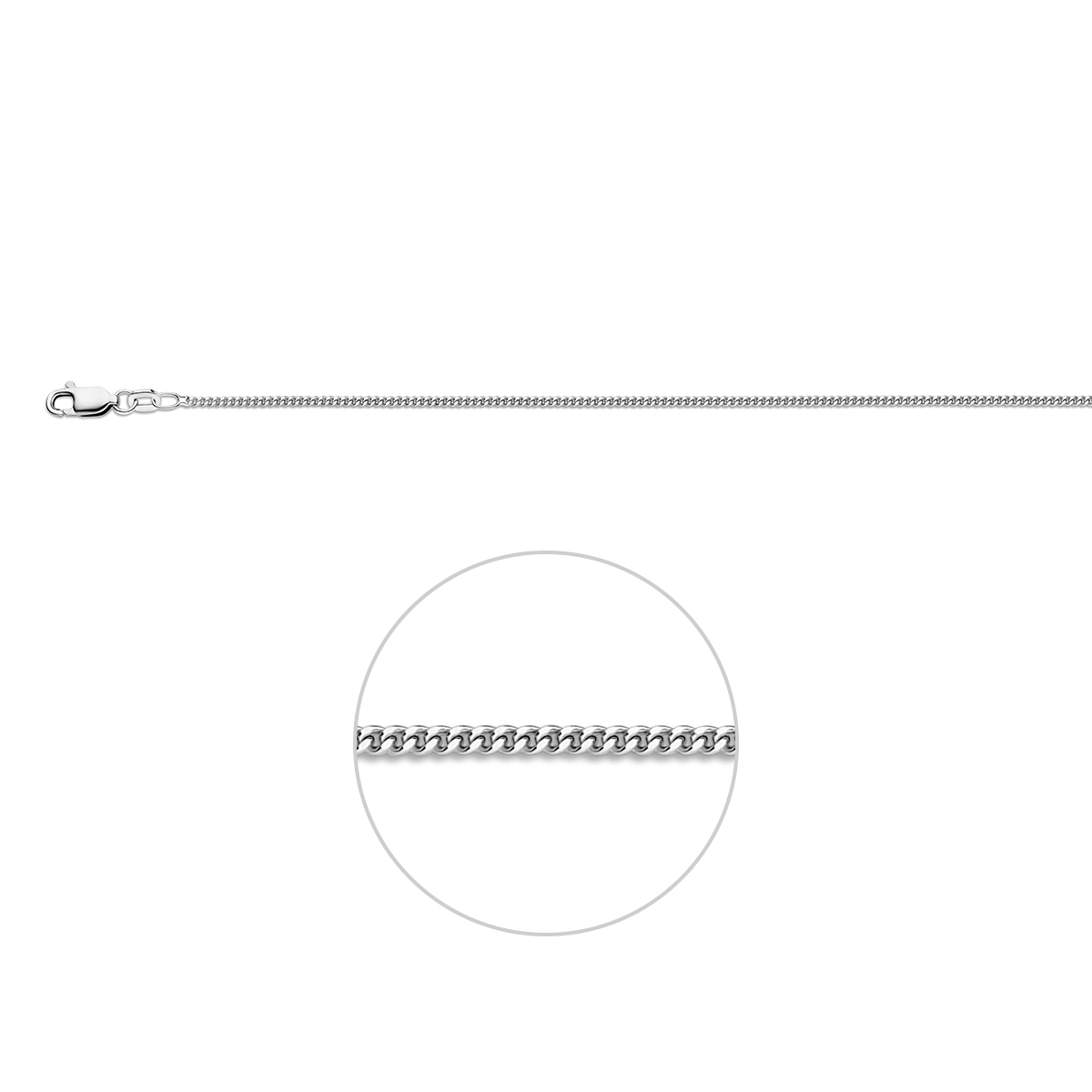 Exclusief zilveren collier, is gemaakt van 925 sterling zilver met een rhodium afwerking. Dit elegante gourmetketting heeft een glanzende zilverkleur en een breedte van 1,4 mm. Met een lengte van 50 cm en een stevige karabijnsluiting, is het perfect om alleen te dragen of te combineren met andere sieraden voor een verfijnde look.