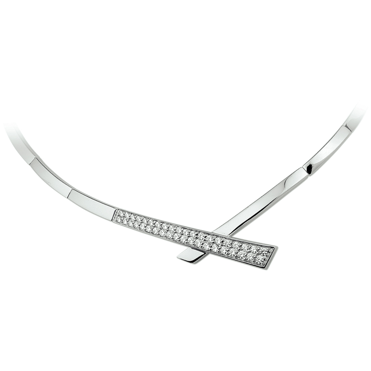 Gerhodineerd zilveren collier met zirkonia. Het collier is onderdeel van een set. De lengte van het collier bedraagt 43cm met 3cm extensie.
