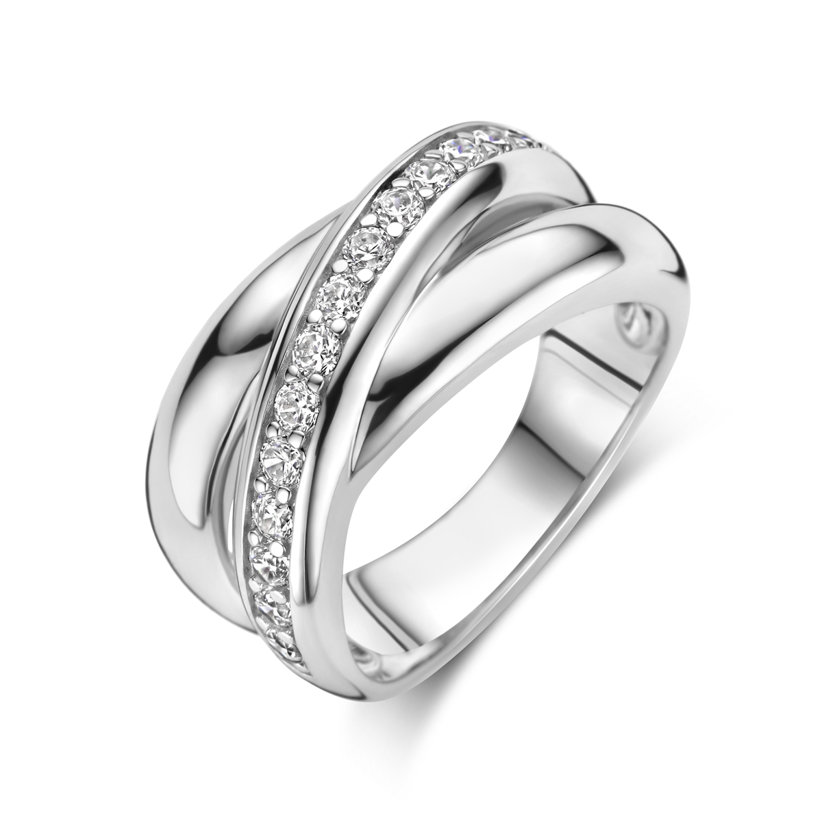 Beschrijving: Gerhodineerd zilveren ring met zirkonia. 
Uniekenummer serie: 27999
Verpakt per: 1
Doelgroep: dames
Ringmaat: 19.75 mm (62)
Breedte: 9 mm
Zetting: entourage (rijzetting)