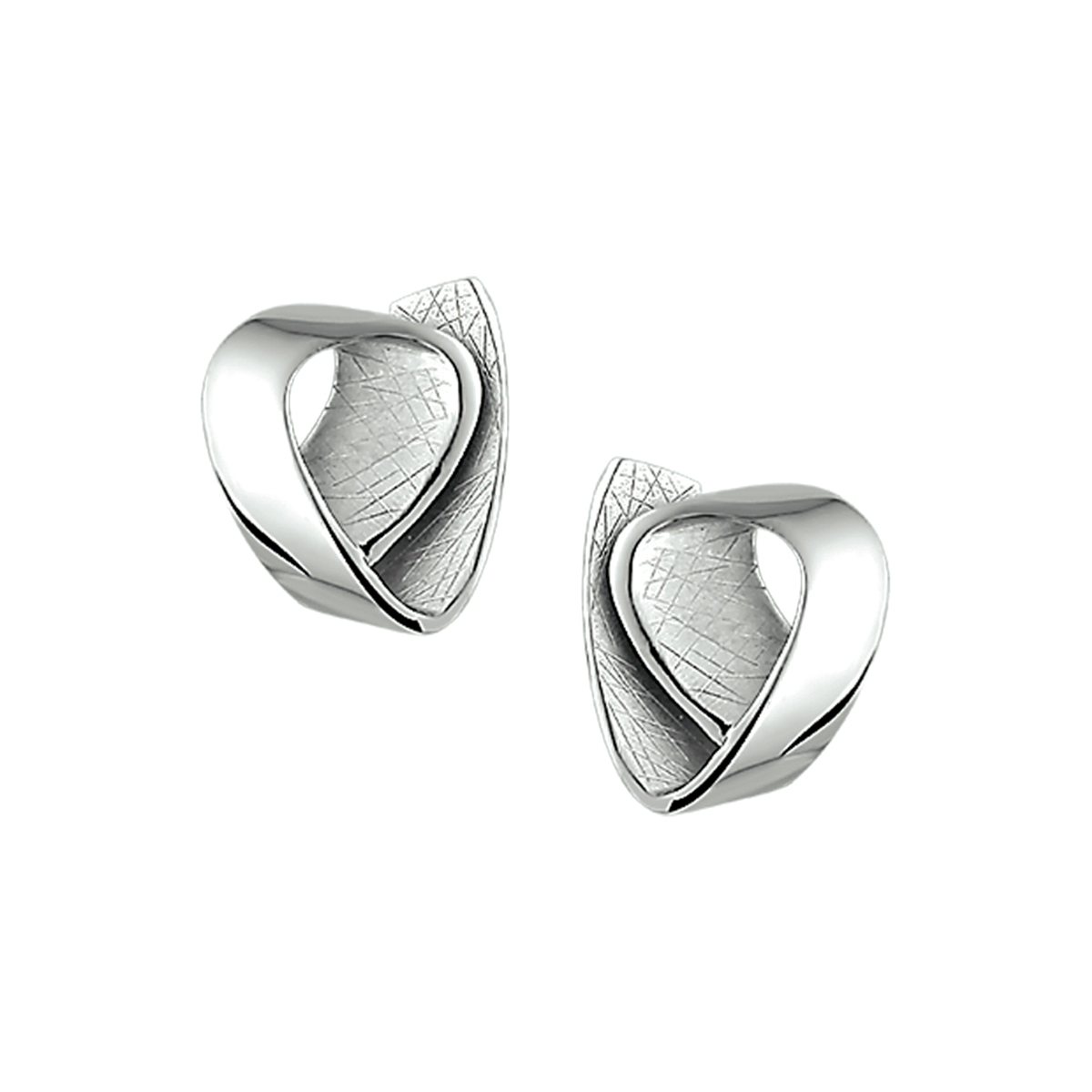 Gerhodineerd zilveren oorknoppen met een poli en gescratchte afwerking. De oorknoppen zijn onderdeel van een set.