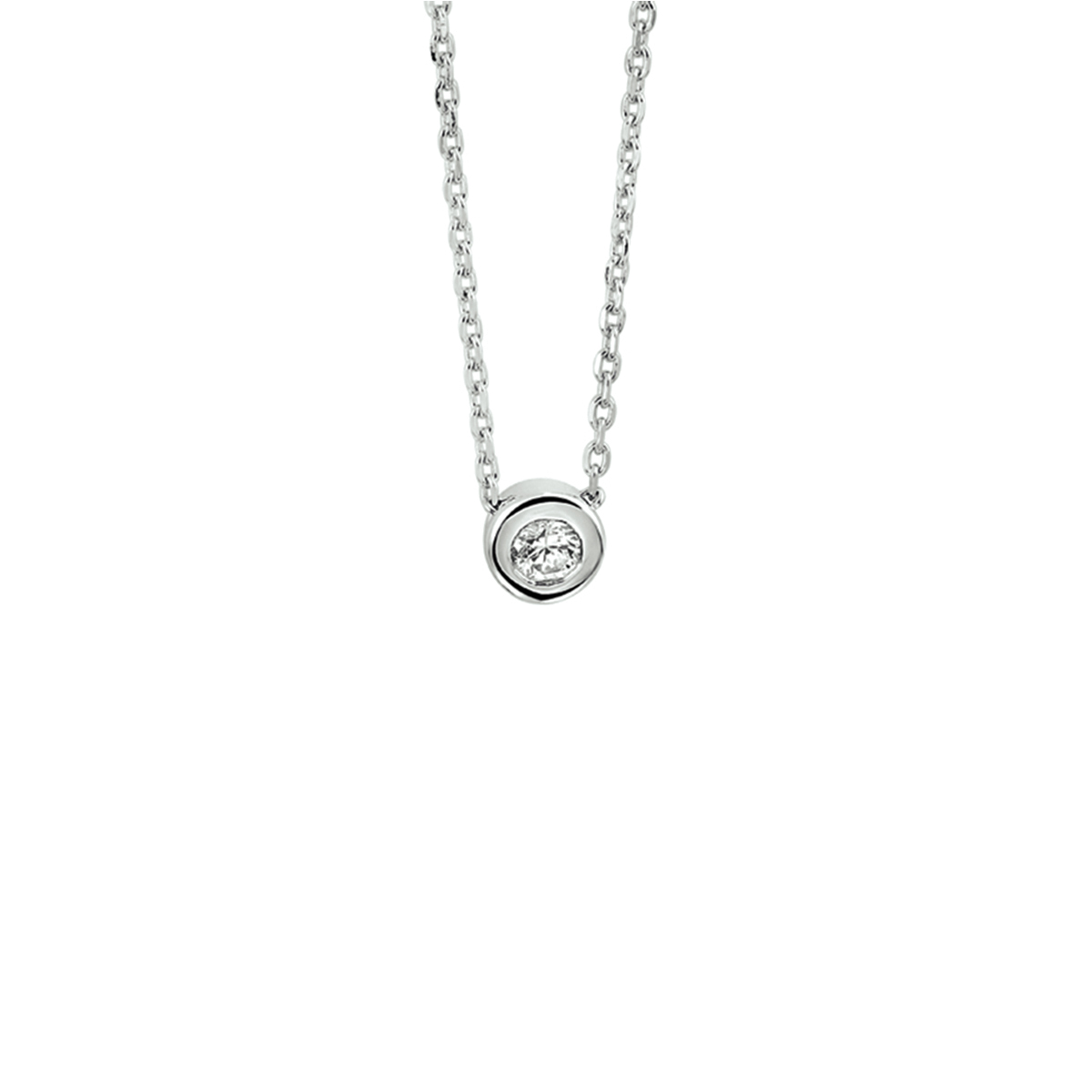 Gerhodineerd zilveren collier met zirkonia. Het collier is onderdeel van een set. De lengte van het collier bedraagt 42cm met 3cm extensie. De schakelbreedte bedraagt 1.4mm.