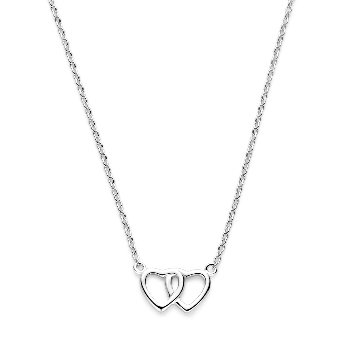 Gerhodineerd zilveren collier met 2 harten. De lengte bedraagt 41cm met 4cm extensie. De schakelbreedte is 1.3mm. 