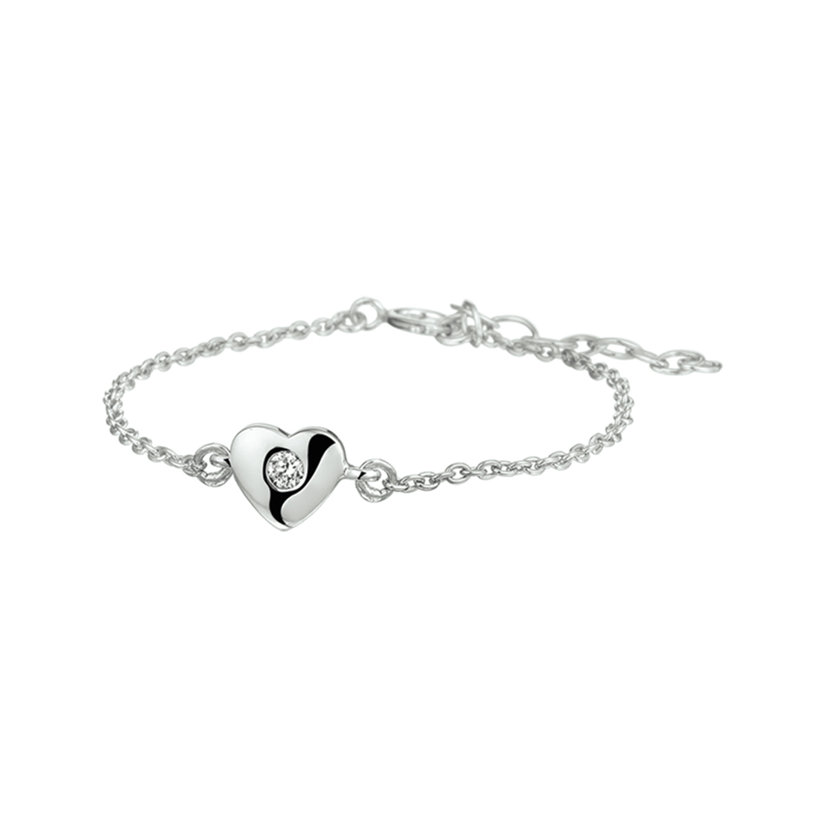 Gerhodineerd zilveren armband met een hart en zirkonia. De armband is onderdeel van een set. De lengte bedraagt 13cm met 3cm extensie en de schakelbreedte bedraagt 1.5mm.