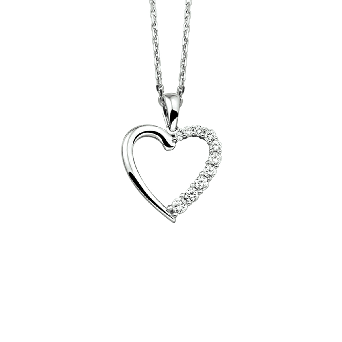  Gerhodineerd zilveren collier met een hart en zirkonia. De lengte bedraagt 41cm met 4cm extensie. De schakelbreedte bedraagt 1.3mm.
Breedte: 1.3 mm
Kortste lengte: 41 mm
Langste lengte: 45 mm
