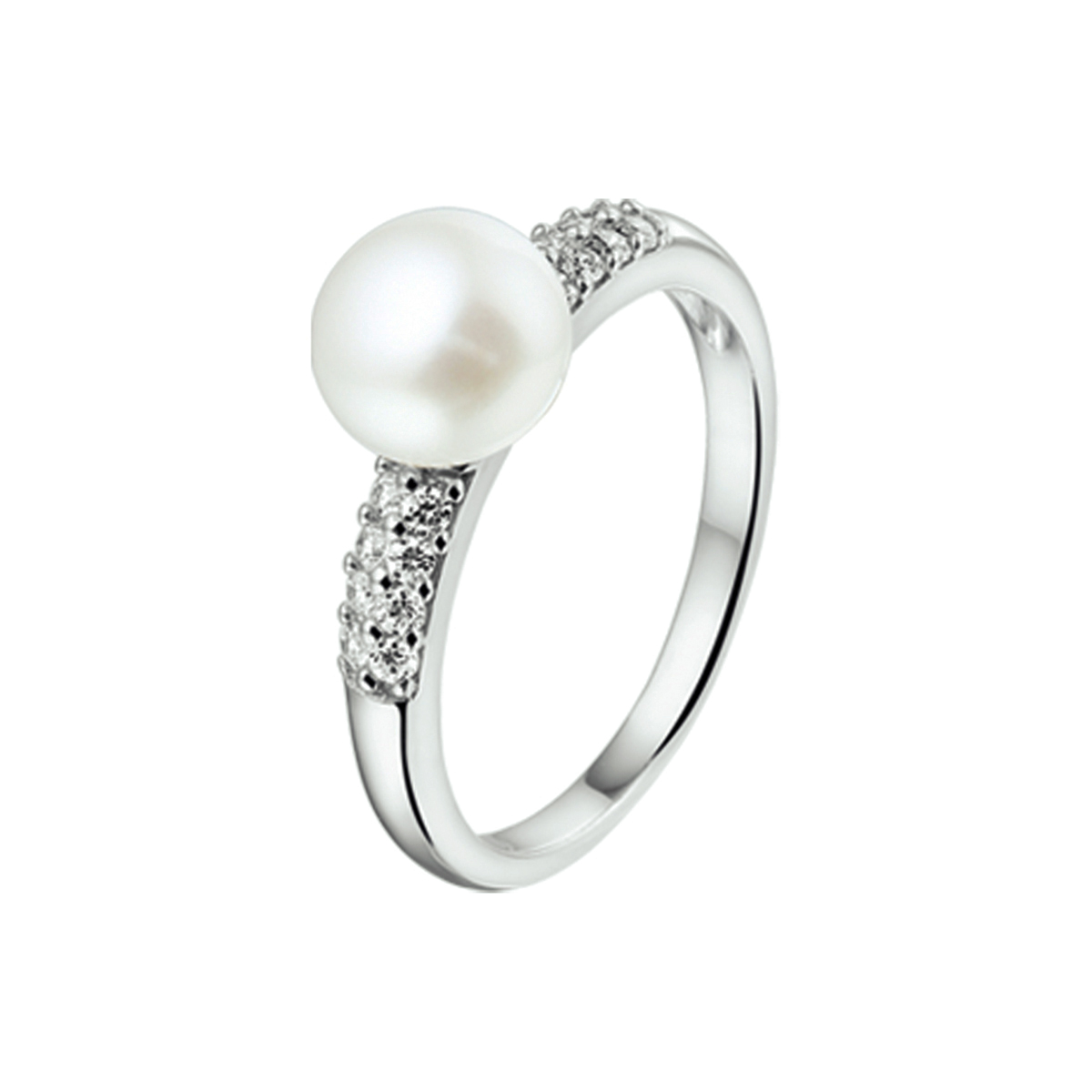 Gerhodineerd zilveren ring met zoetwaterparel en zirkonia.