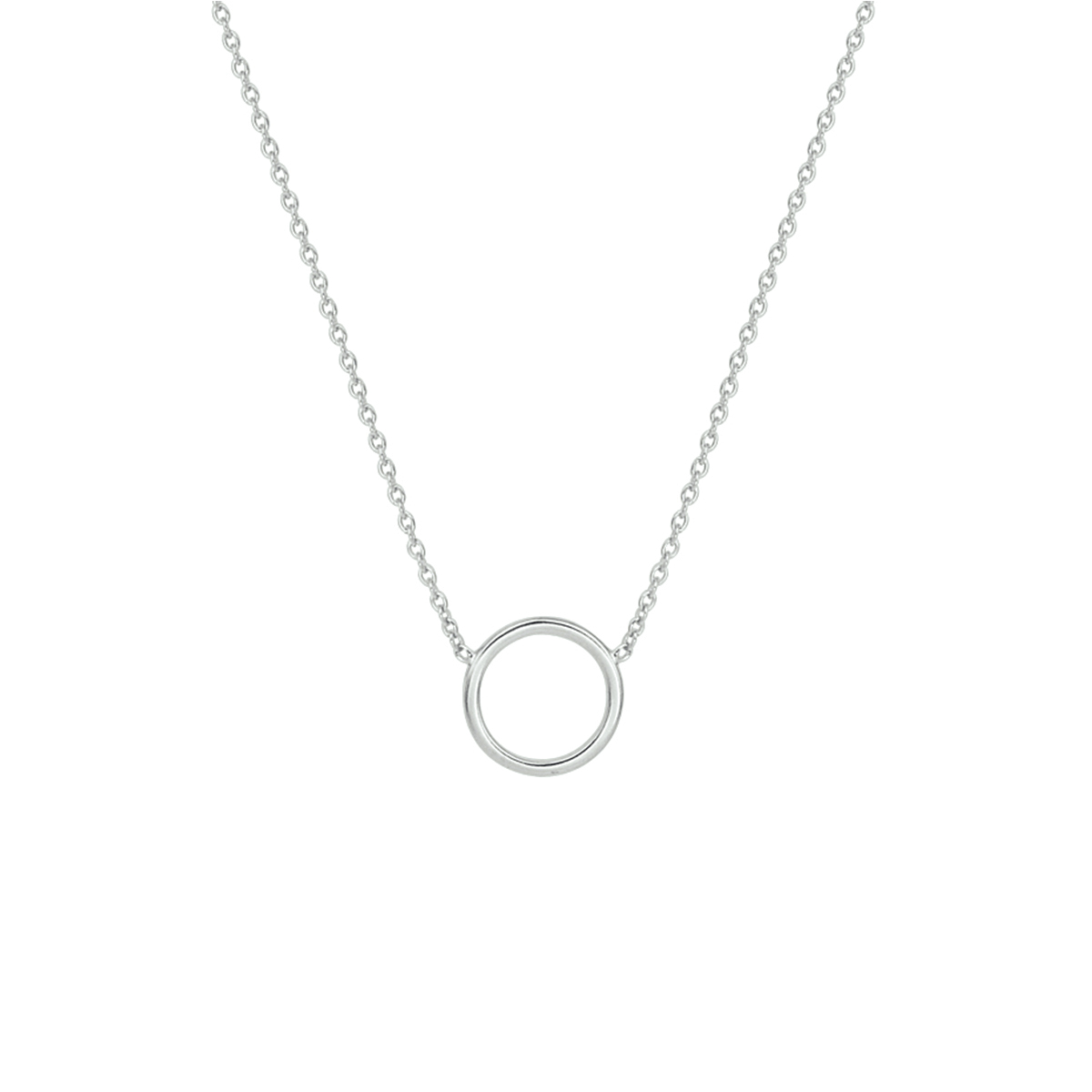 Gerhodineerd zilveren collier met een open cirkel. De lengte bedraagt 41cm met 5cm extensie en de schakelbreedte is 1.3mm.  