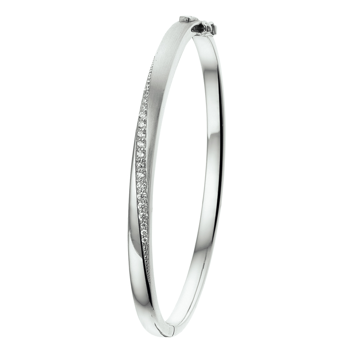 Zilveren bangle, mat/poli met met diagonaal zirkonia
