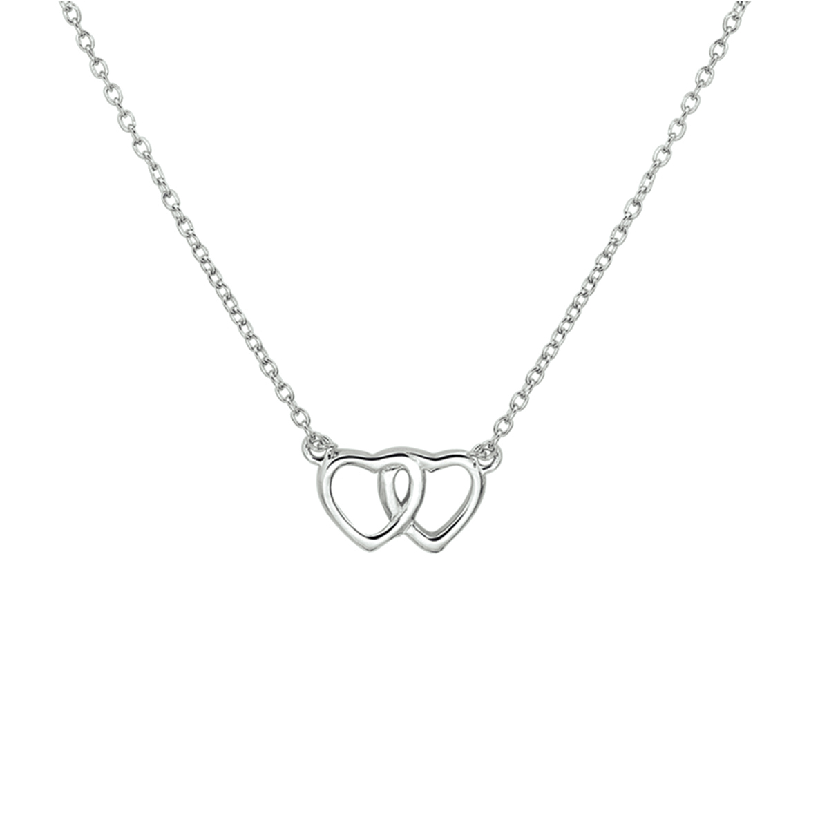 Zilveren collier met 2 hartjes ertussen. 36+4cm