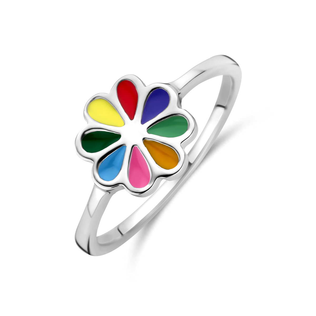 Gerhodineerd zilveren ring uitgevoerd met een bloem in verschillende vrolijke kleuren emaille. De bloem heeft een diameter van 7.5mm De ring is te combineren met bijpassende sieraden uit onze collectie.