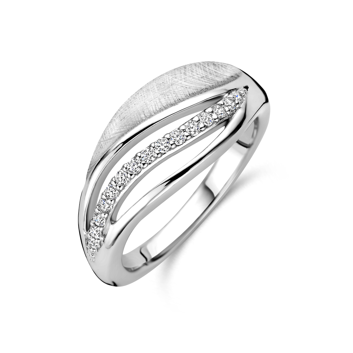 Gerhodineerd zilveren ring met zirkonia en een poli/gescratchte bewerking.