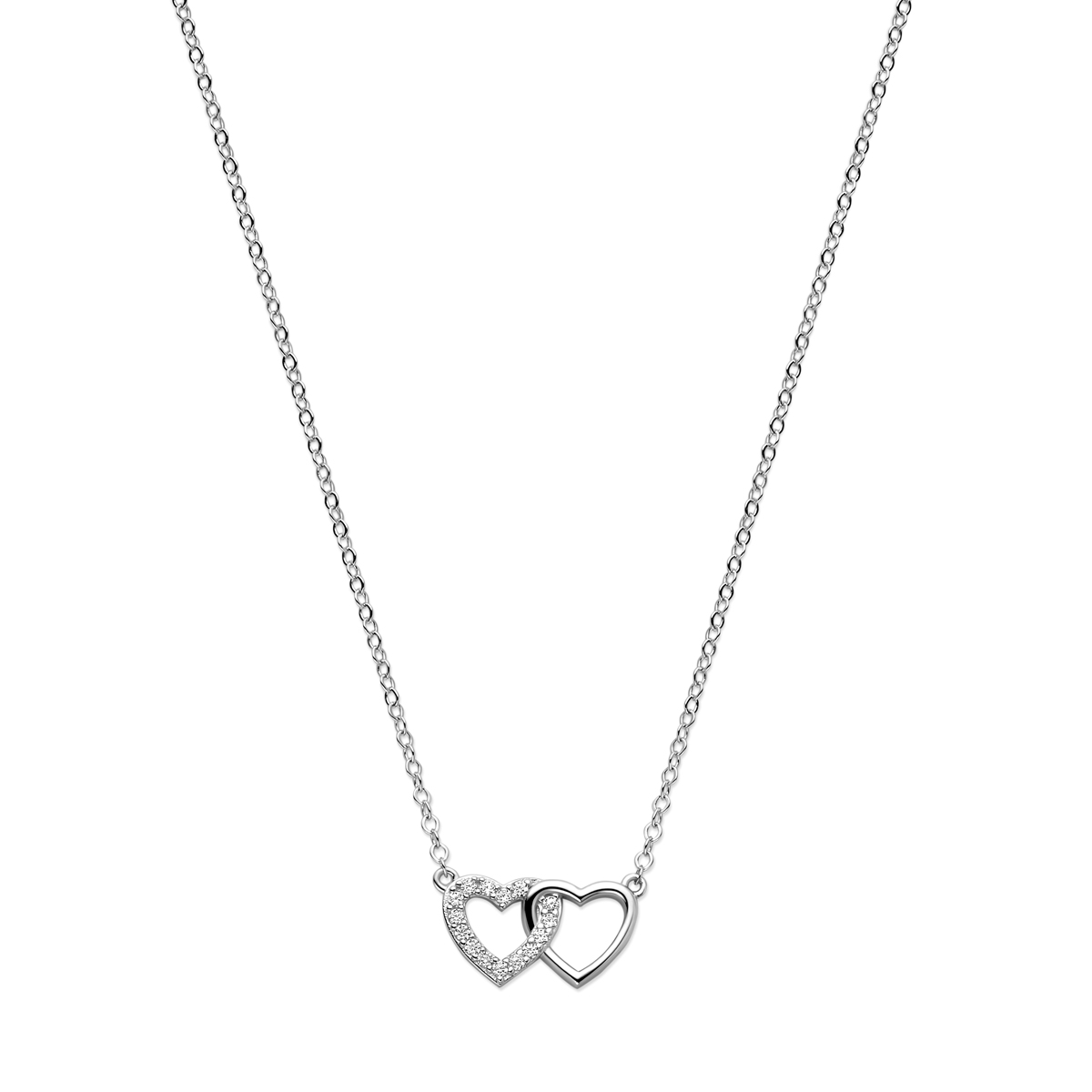 Gerhodineerd zilveren hartjes collier met 1.3mm breed anker schakel met een lengte van 40cm en een extensie van 4cm. Het hartje is ingelegd met een rijzetting van briljant geslepen zirkonia en hebben een afmeting van 8x13.5mm. Het collier is onderdeel van een set en kan gecombineerd worden met bijpassende sieraden uit onze collectie.
