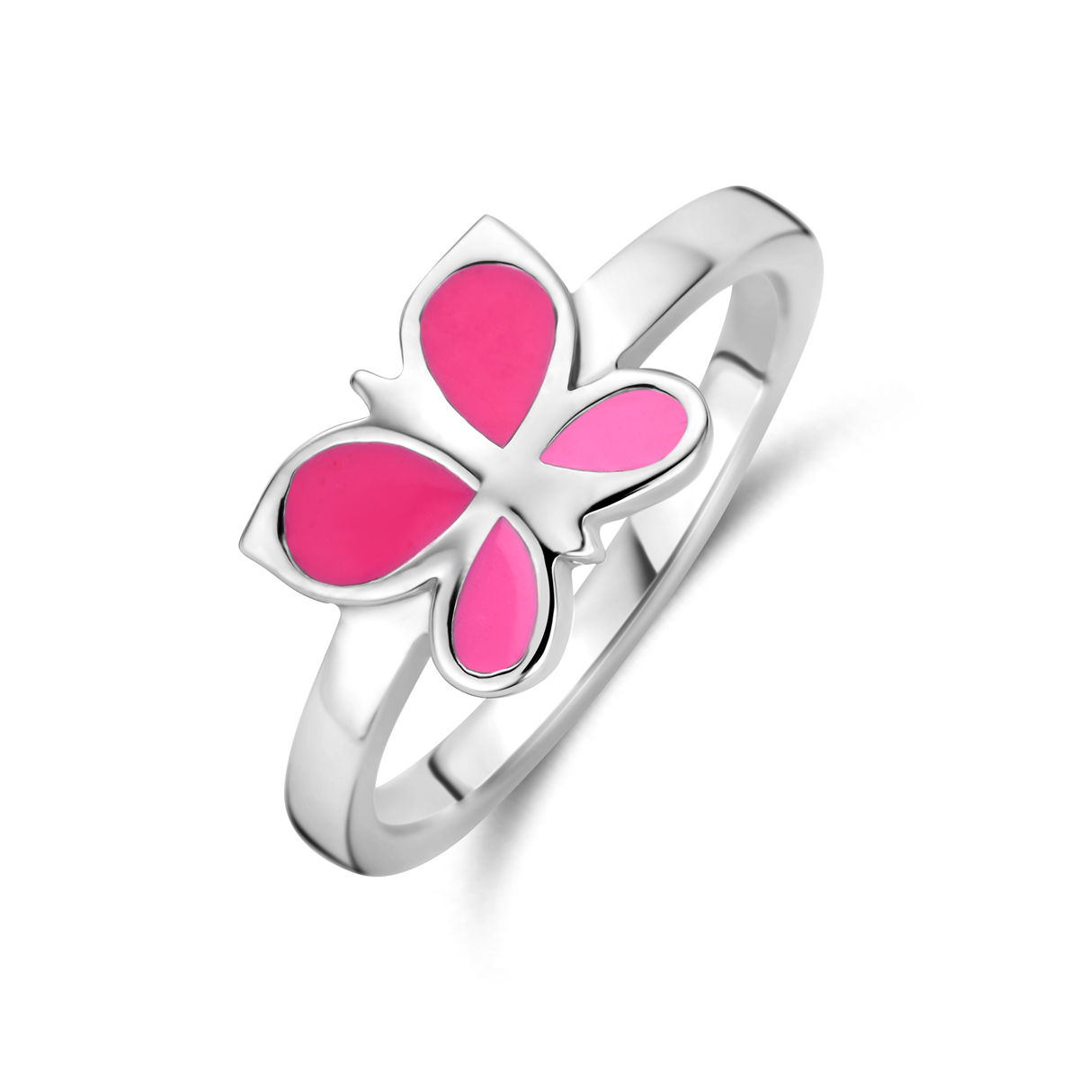 Gerhodineerd zilveren vlinder ring uitgevoerd met rood en roze emaille. De ring is er in verschillende maten en heeft een breedte van 9mm. U kunt deze ring combineren met bijpassende sieraden uit onze collectie.