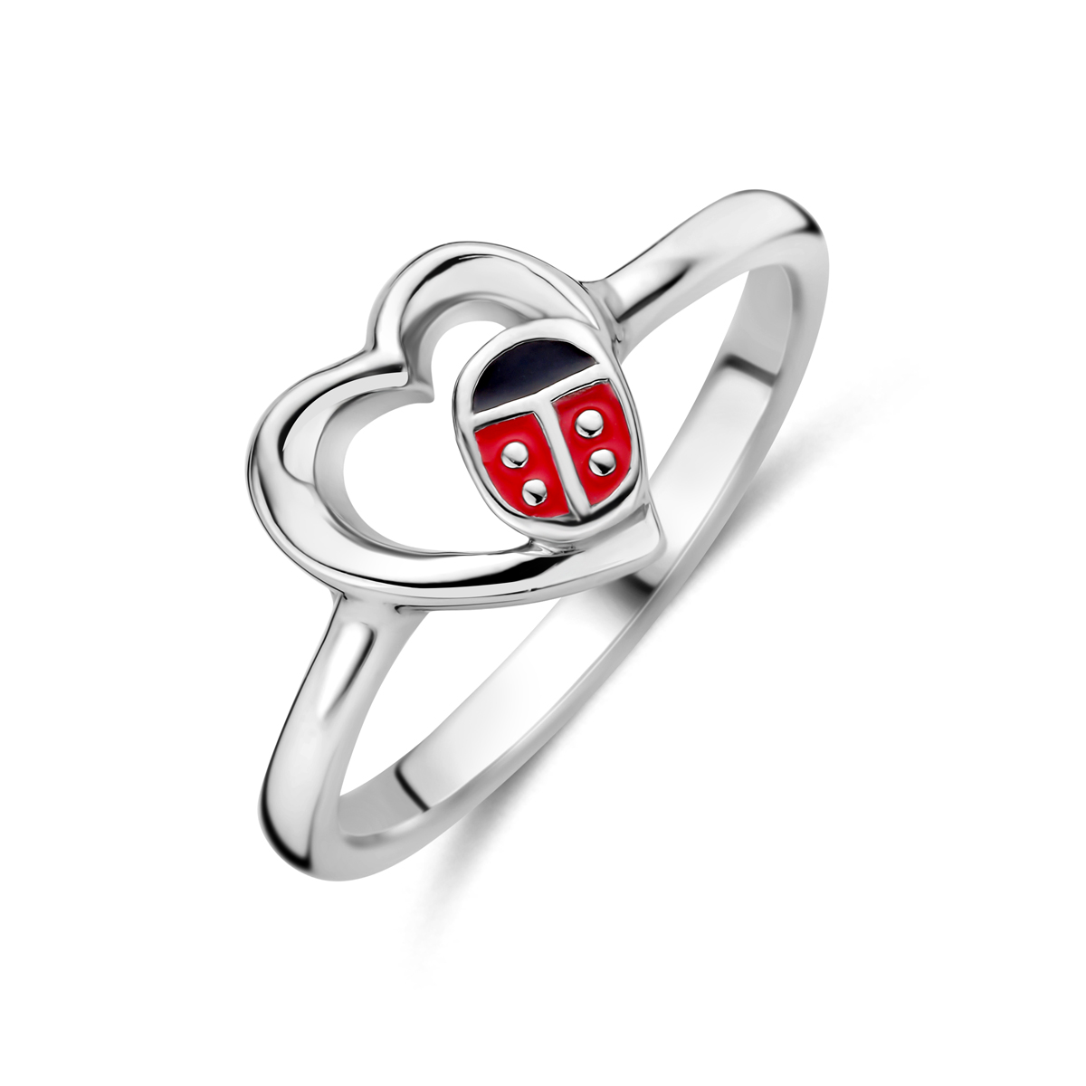Gerhodineerd zilveren ring met opengewerkt hart en een lieveheersbeestje van emaille. De ring heeft een scheen van 1.6mm en een breedte van 7mm. De ring is te combineren met bijpassende sieraden uit onze collectie
