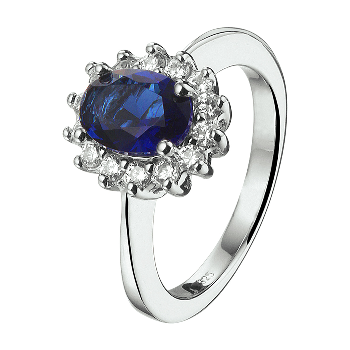 Gerhodineerd zilveren ring met synthetische saffier en zirkonia.
