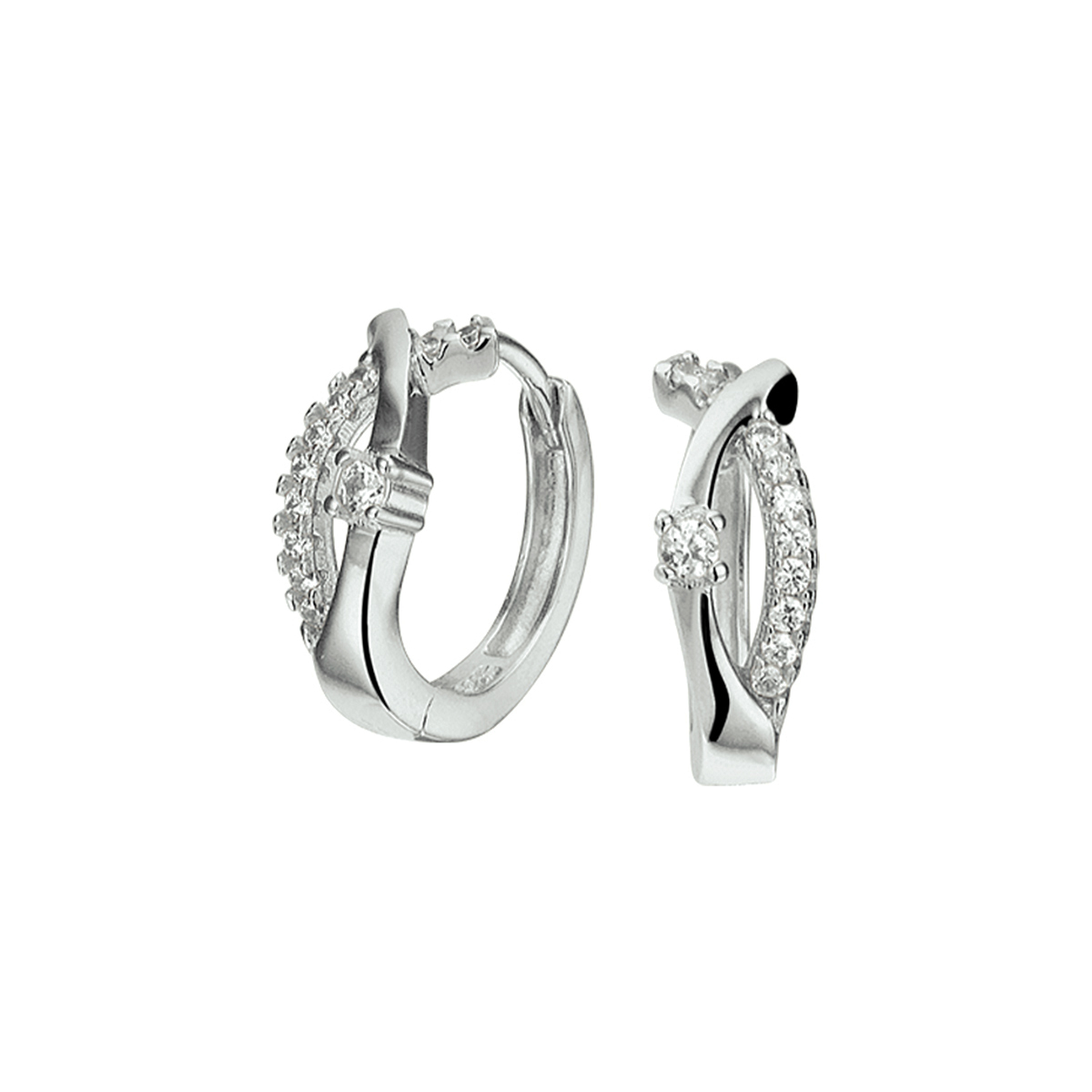 Gerhodineerd zilveren klapoorringen van 13x5mm uitgevoerd met een rijzetting van briljant geslepen zirkonia en stevige scharnier sluiting.