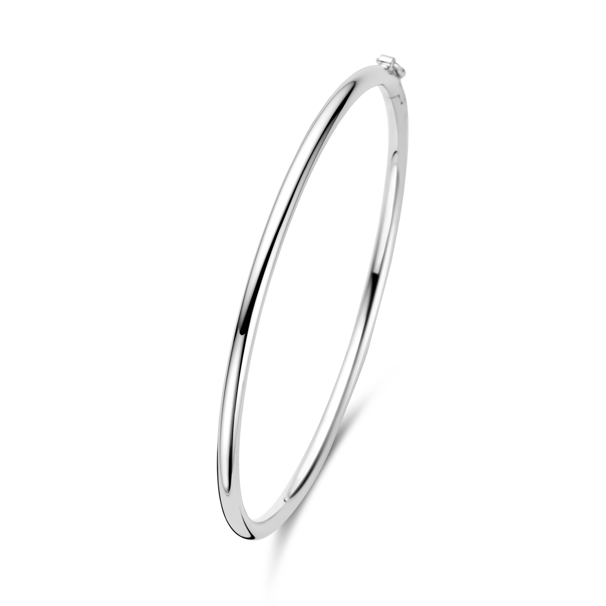 Gerhodineerd zilveren bangle met een ronde buis buis van 3mm en een stevige scharnier-sluiting.