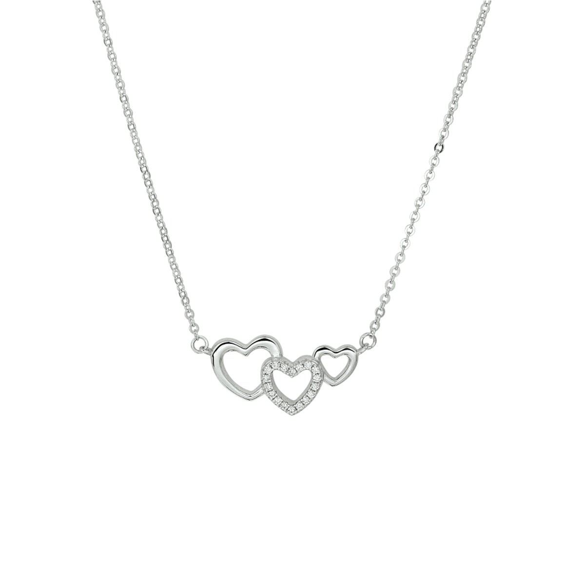 Romantisch gerhodineerd zilveren collier met hartjes en schitterende zirkonia. Met een draaglengte van 40cm en een extensie van 4cm uitgevoerd met een stevige karabijn sluiting. De schakelbreedte is 1.4mm. Tip: Leuk om kado te geven! Info: Gerhodineerd zilver is door de rhodiumlaag beter bestand tegen verkleuren en krassen.