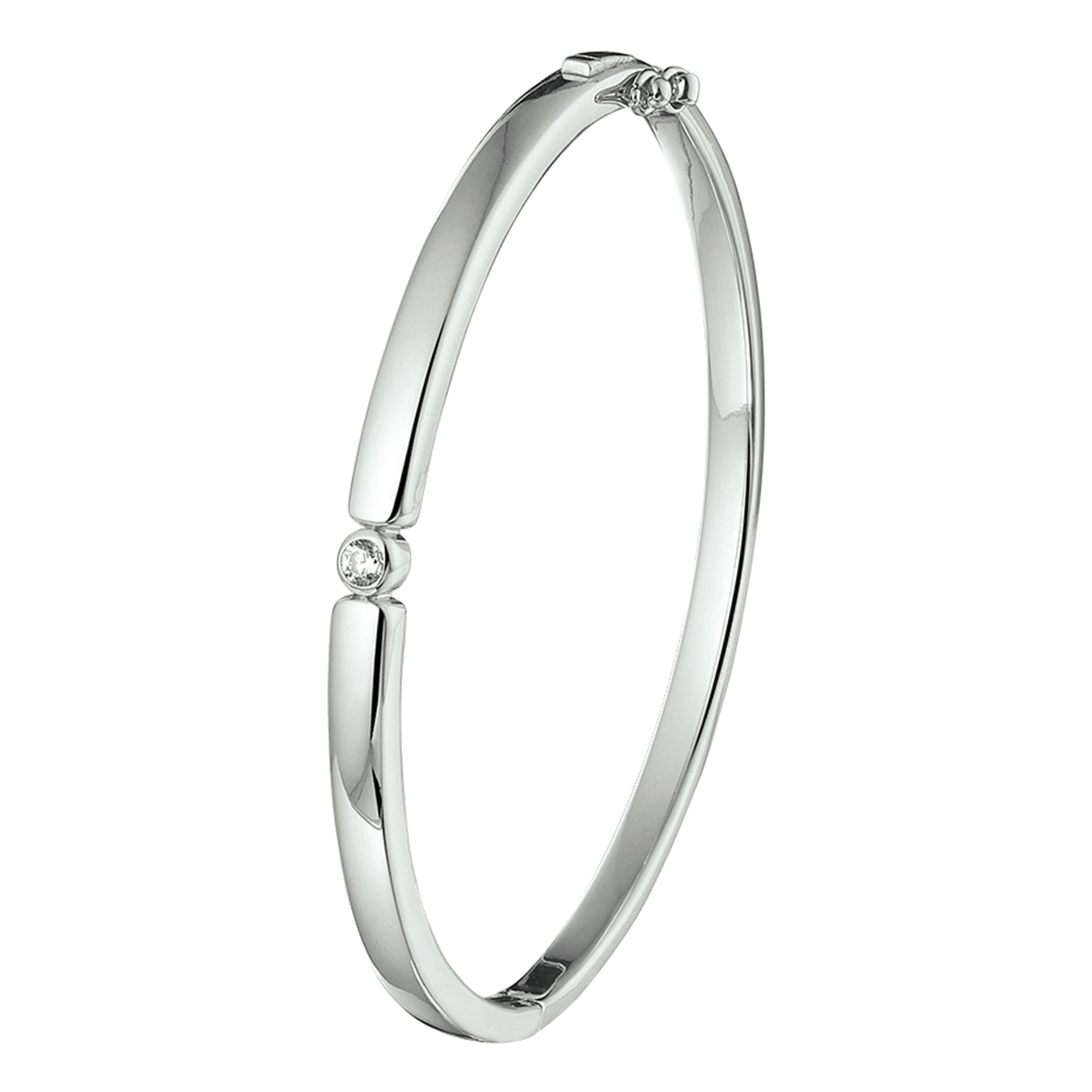 Gerhodineerd zilveren bangle uitgevoerd met een zetkast met een schitterende zirkonia. 4,5x60mm