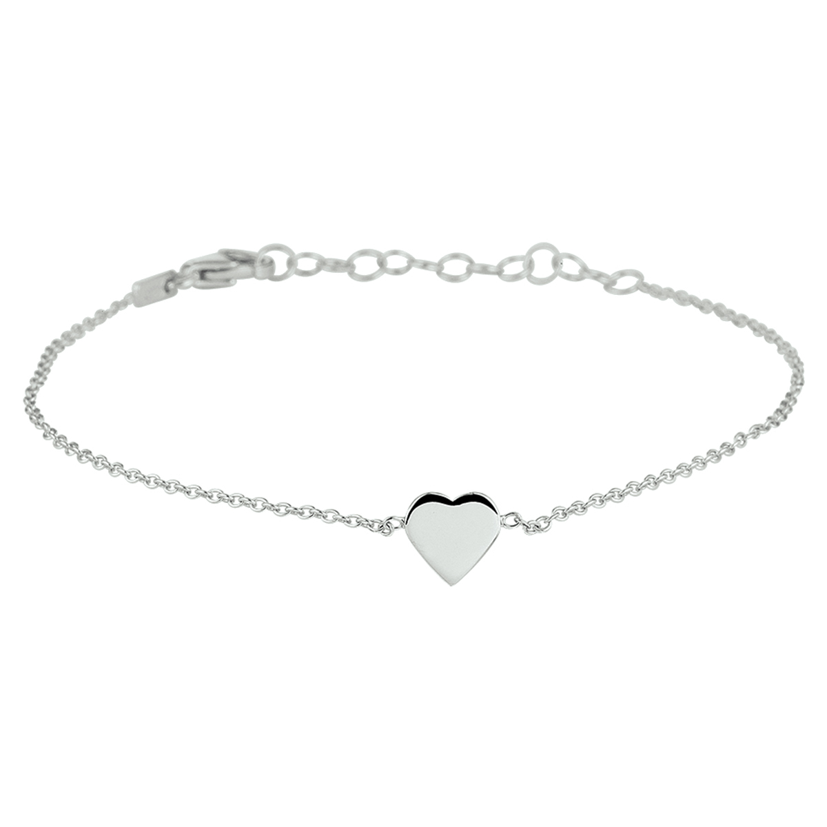 Gerhodineerd zilveren armband uitgevoerd met een poli afgewerkt hart van 7x7mm. De armband heeft een draaglengte van 16cm en een extensie van 3cm. Info: Gerhodineerd zilver is door de rhodiumlaag beter bestand tegen verkleuren en krassen.