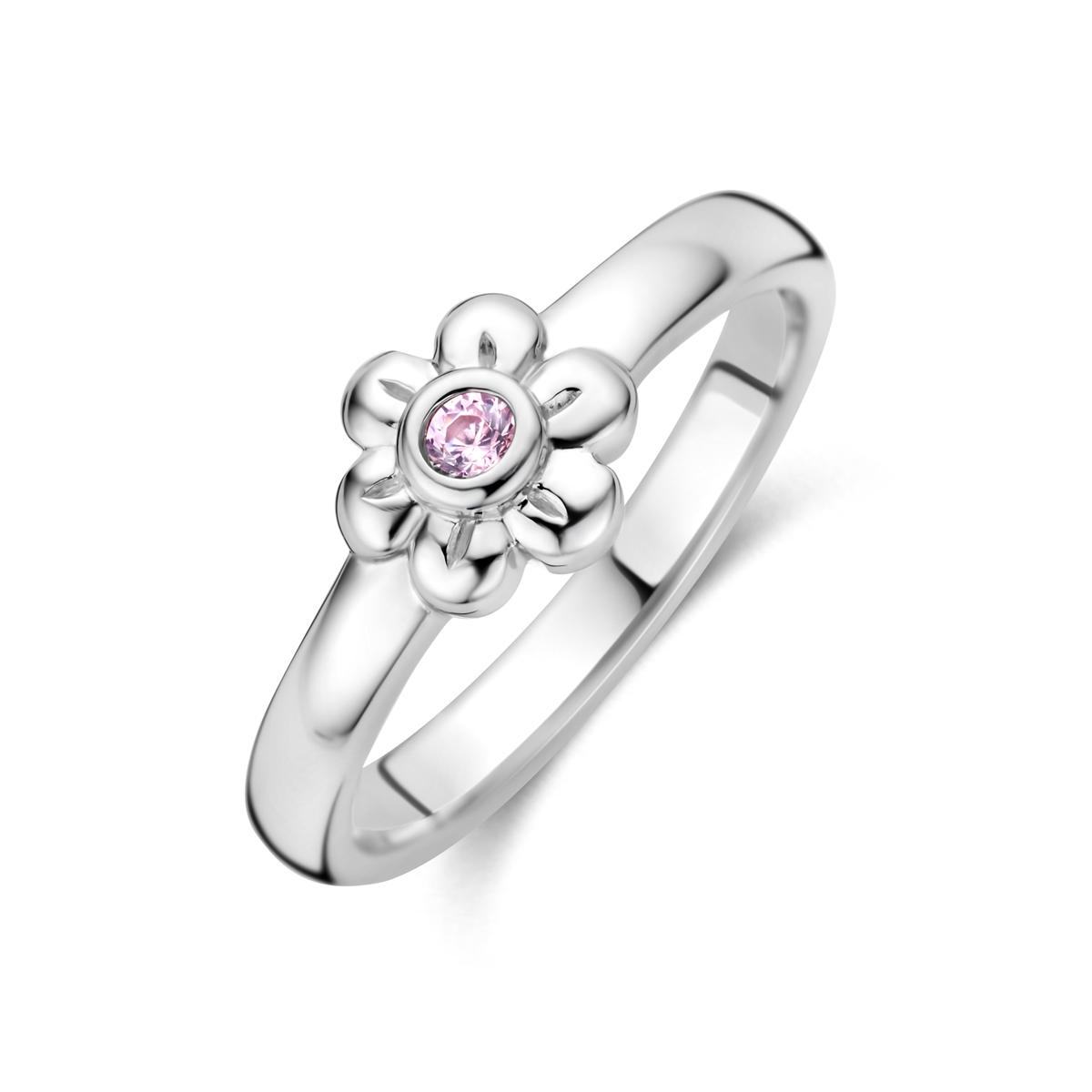 Gerhodineerd 925 zilveren ring uitgevoerd met een bloem en een schitterende roze zirkonia. De ring heeft een breedte van 5.5mm.