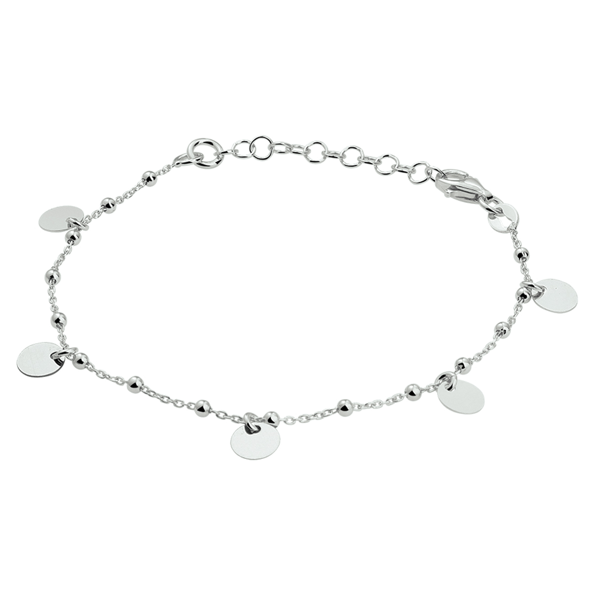 Gerhodineerd zilveren armband met ronde bedels en bolletjes. De armband heeft een draaglengte van 16 cm met een extensie van 19 cm.
