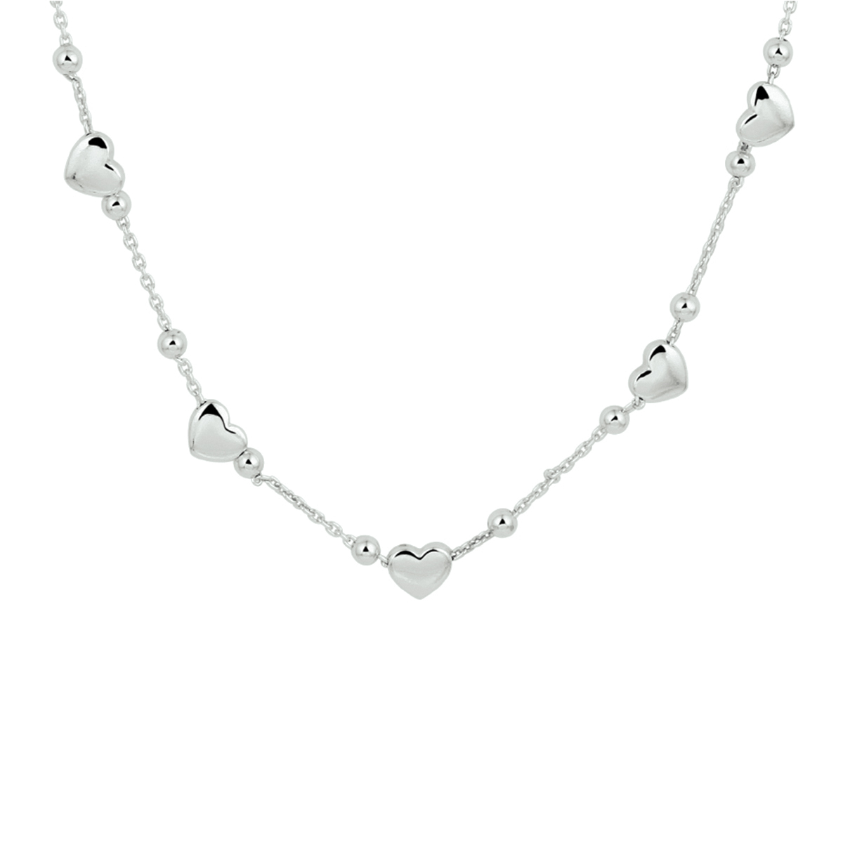 Gerhodineerd 925 zilveren collier uitgevoerd met bolletjes en schattige hartjes. Het collier heeft een draaglengte van 36cm met een extensie van 3cm en een stevige karabijn sluiting. De hartjes hebben een afmeting van 5x5.5mm.