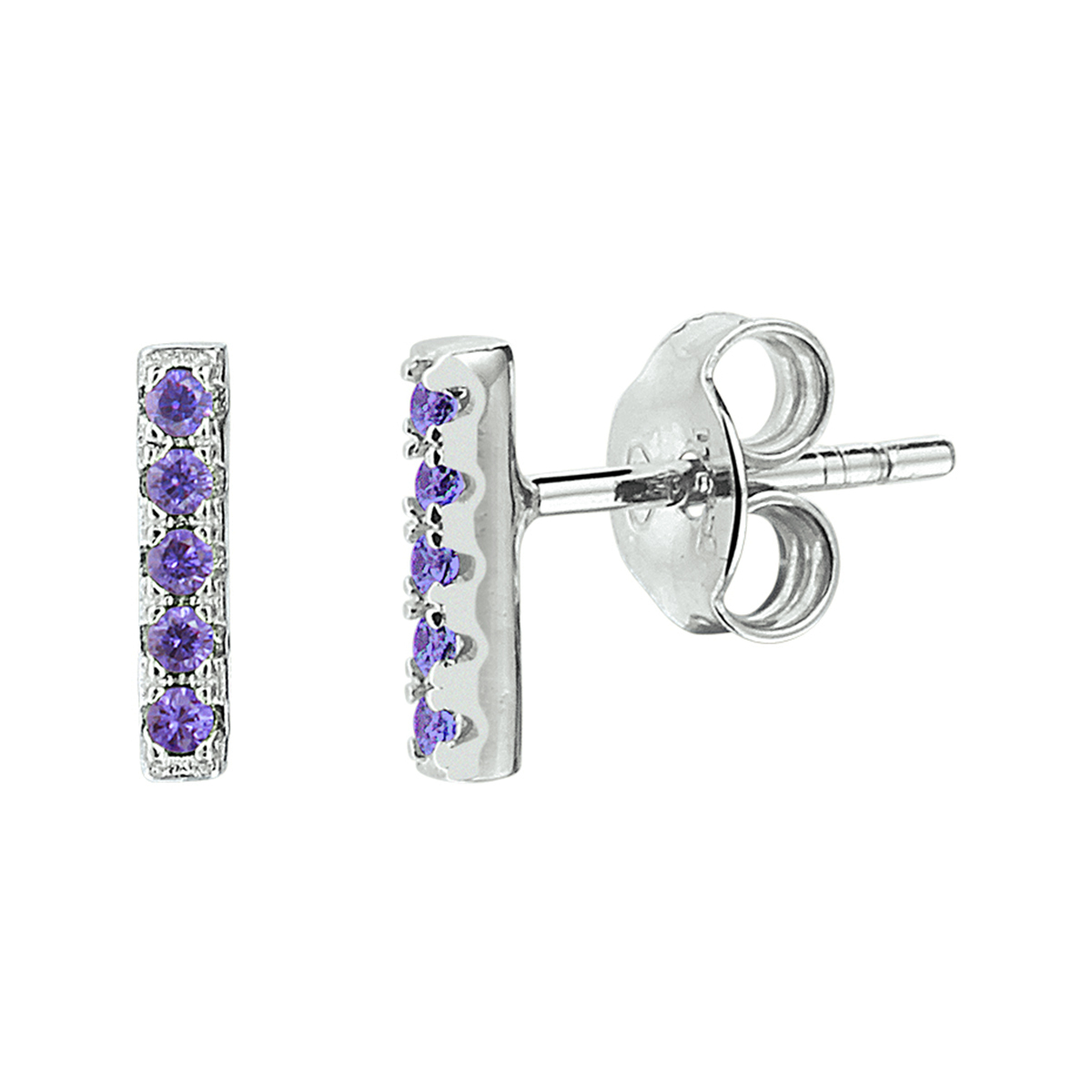 Gerhodineerd 925 zilveren oorknoppen in de vorm van een balkje uitgevoerd met amethyst. De oorknoppen hebben een afmeting van 8x1.7mm.