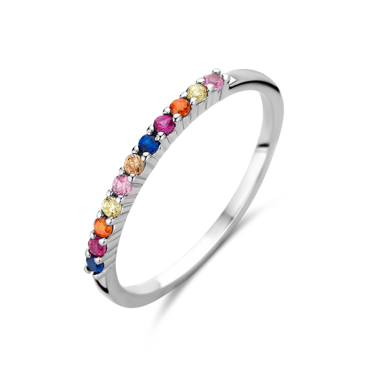 De Zilveren Aanschuifring met regenboog zirkonia is een verfijnde en elegante keuze. Dit rhodiumgeplateerde sieraad en heeft een breedte van 1,5 mm. De blauwe, briljantgeslepen zirkonia voegt een sprankelend detail toe. Draag deze ring alleen of gestapeld voor een stijlvol accent bij elke outfit. Verkrijgbaar in alle maten.