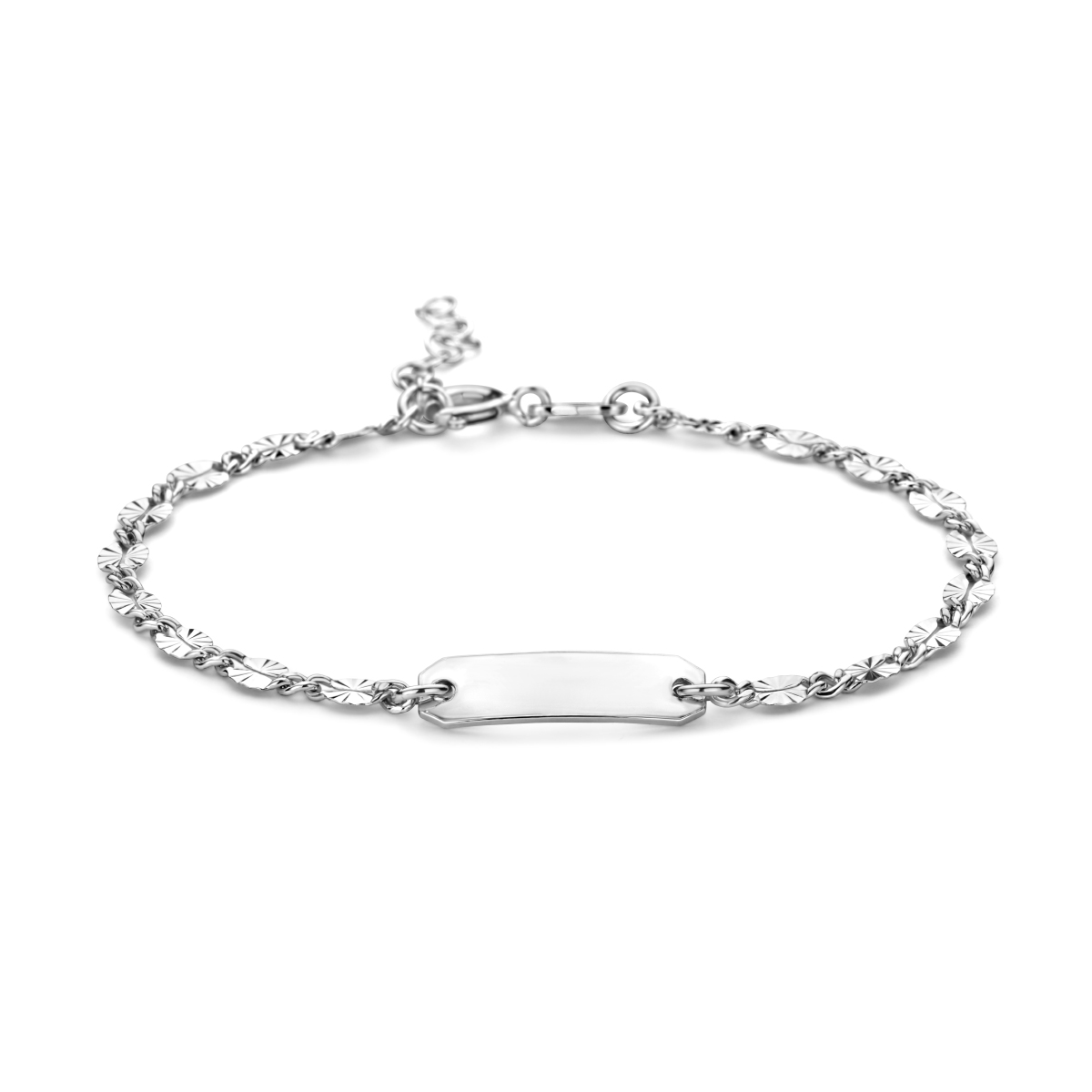 Gerhodineerd 925 zilveren graveerarmband. De armband heeft een draaglengte van 16cm met een extensie van 2cm en een schakelbreedte van 3.5mm. De graveerplaat heeft een dikte van 0.8mm.